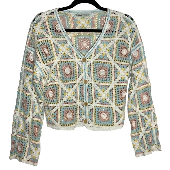 cleo Sweaters - Y2K Cleo Crochet Cardigan Womens S/M Petite‎ Cottagecore Granny Pastel Spring
